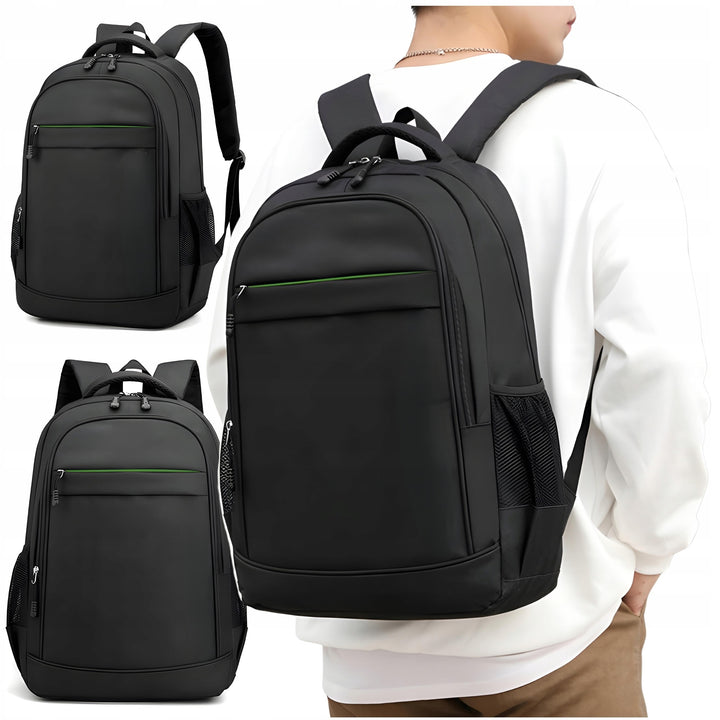 Rucsac adolescenti, Zola®, 2 compartimente, 4 buzunare, 2 buzunare laterale, rezistent la apa, curele reglabile, ideal pentru calatorii si scoala, 42 x 32 x 15 cm, negru cu insertii verzi