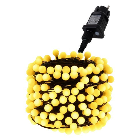 Instalatie LED de Craciun, Zola, globuri luminoase, 300 LED-uri, 30 m, 31 V, 3.6 W, IP44, alb cald, 8 moduri iluminare, pentru exterior/interior, cablu negru