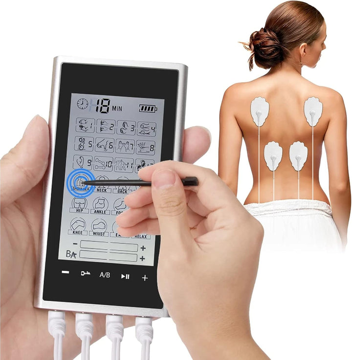 Aparat de masaj cu electrostimulare,  Zola, tehnologine TENS si EMS, 24 de moduri, intensitate reglabila, temporizator 10-60 min, 8 electrozi, ecran tactil, cablu incarcare, argintiu