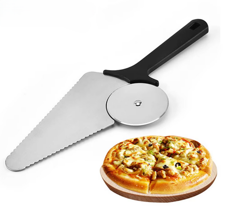 Spatula pentru pizza 2 in 1, Zola, cutit si paleta, din otel, lungime 28.5 cm, diametru cutit 6 cm, neagra