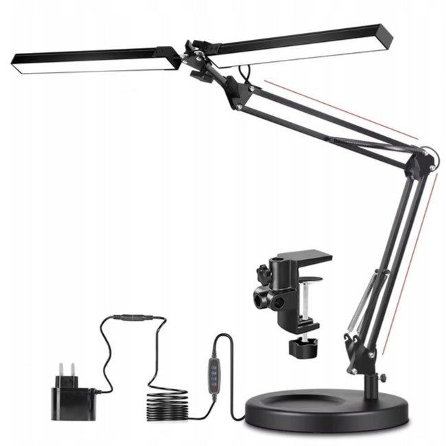 Lampa de birou LED, Zola, 14W, 2 surse iluminare cu brate oscilante, reglabila 180°, 3 moduri iluminare, picior si suport de fixare pe blat, neagra