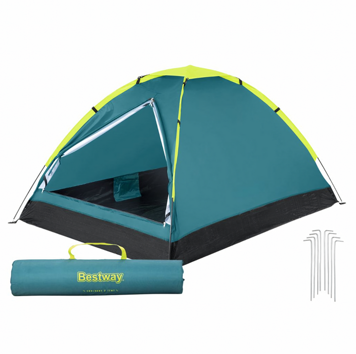 Cort de camping, Bestway, 2 persoane, plasa anti-insecte, impermeabil, 300mm, geanta transport, poliester 190T, PE 110 g/m², 205 x 145 x 100 cm, albastru/verde
