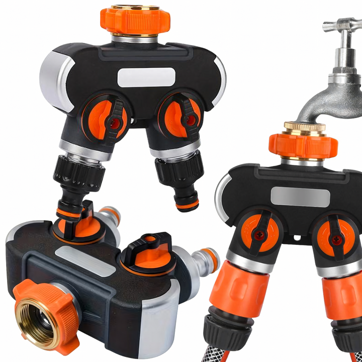 Adaptor robinet 2 cai, Zola, pentru irigatii gradina, reglaj debit, conector 3/4", negru/portocaliu