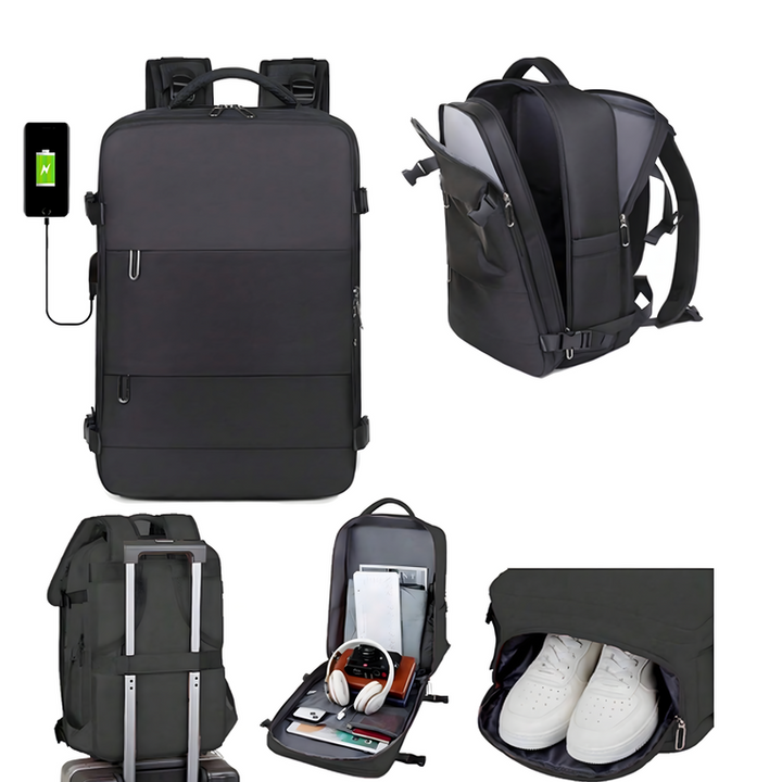 Rucsac de calatorie, Zola, bagaj de mana, unisex, spatiu pentru laptop,compartiment incaltaminte multifunctional, impermeabil, 46x30x20 cm, negru