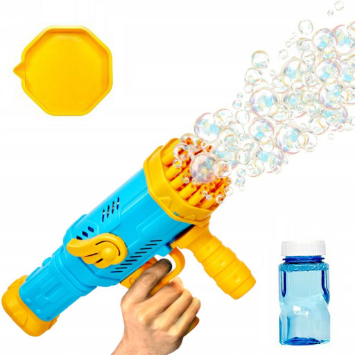 Pistol de facut baloane din sapun, Zola®, cu rezerva de lichid, 32 duze evacuare a bulelor, din plastic, 27.5 x 14.5 x 6.5 cm, albastru cu galben