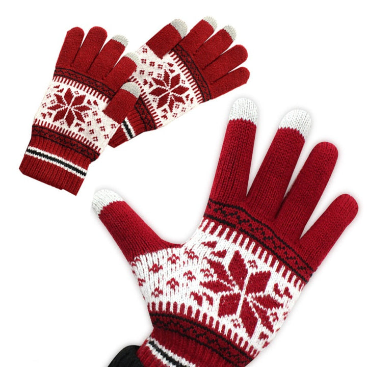Manusi calduroase de iarna, Zola, din tricot, marime universala, 3 degete pentru utilizarea telefonului, model cu fulg, rosu/alb