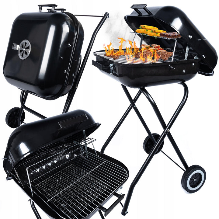 Gratar de gradina mobil pe lemne si carbuni, Zola, otel cromat, capac cu reglare a temperaturii, maner, picioare pliabile, roti, 50 x 46.5 x 85 cm, negru