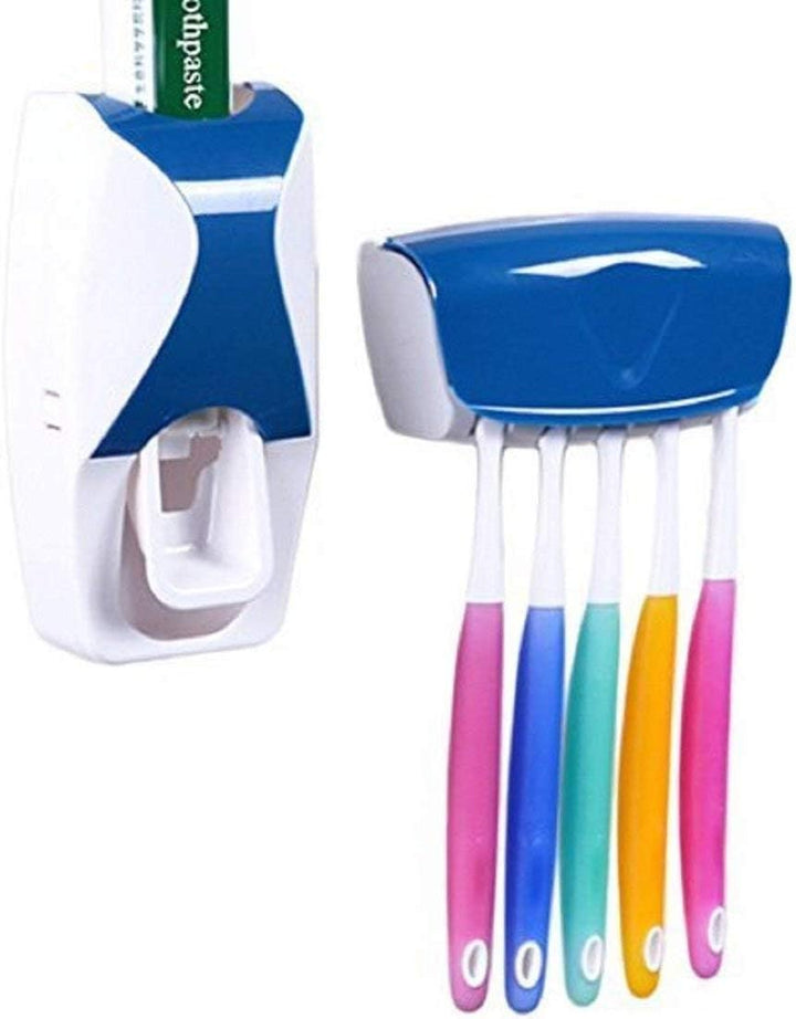 Dozator pasta de dinti, Zola®,  cu suport pentru 5 periute, Zola®, 15 x 7.5 cm, alb si albastru
