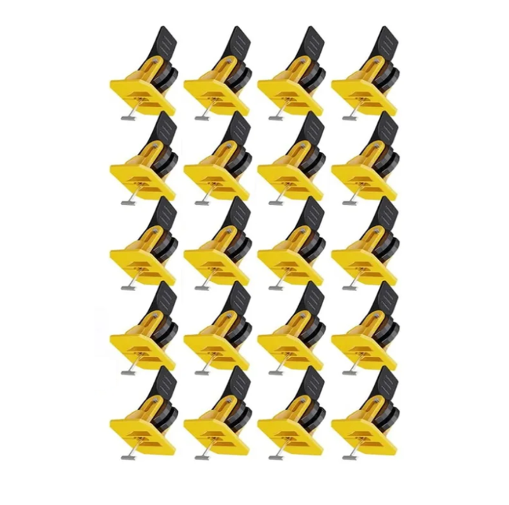 Set 20 de cleme reutilizabile pentru nivelarea placilor de gresie, Zola, din plastic si meltal, galben/negru