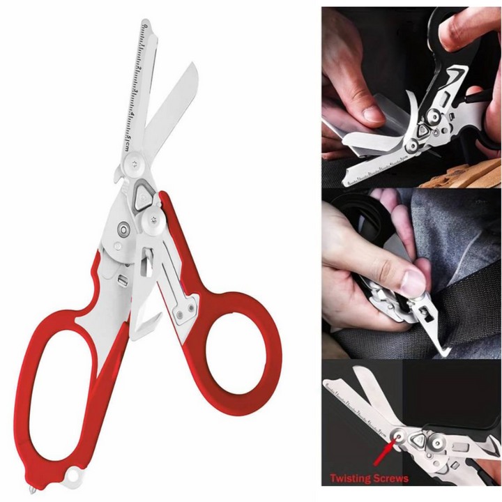 Foarfeca medicala tactica, Zola, 6 in 1, pentru situatii de urgenta, maner anti-alunecare, din otel inoxidabil, rosie