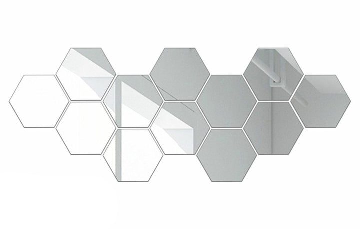 Set 12 autocolante de perete tip oglinda, Zola®, forma hexagonala, 9x17.5x15.5 cm, argintiu