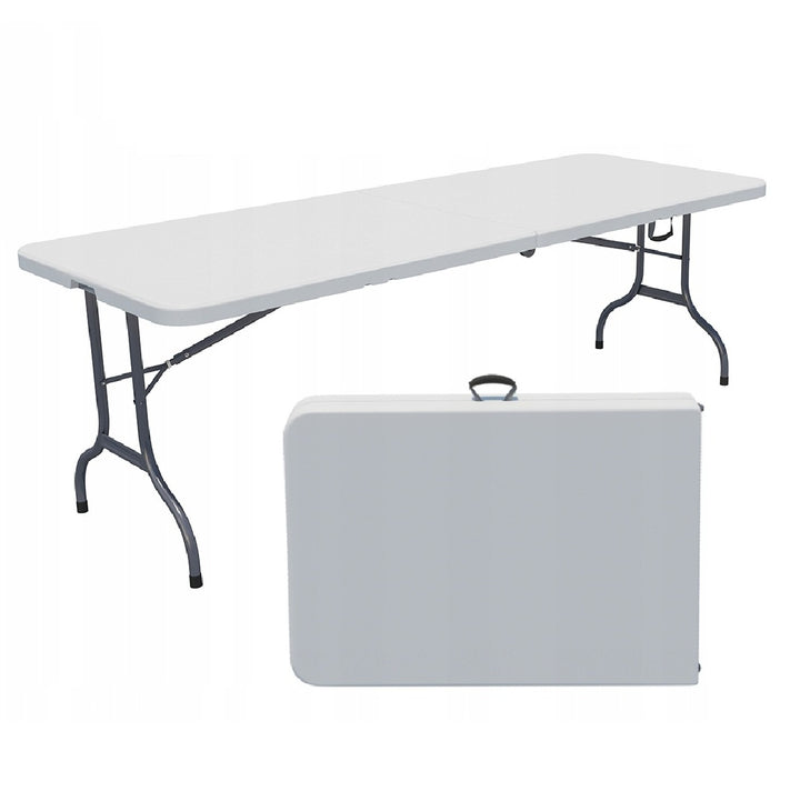 Masa pliabila tip valiza, Zola®, blat plastic, cadru din otel,  180 x 74 x 74 cm, pentru camping sau gradina, alba