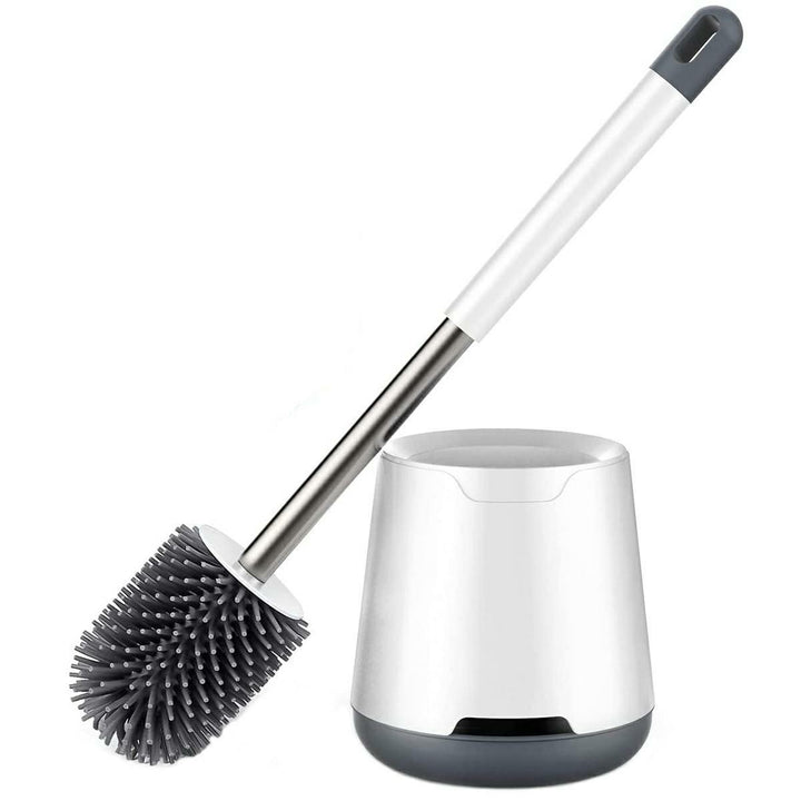 Perie din silicon pentru toaleta, Zola, cu recipient pentru scurgerea apei, perii moi, maner din otel, 38.5x7.5 cm, alb/gri