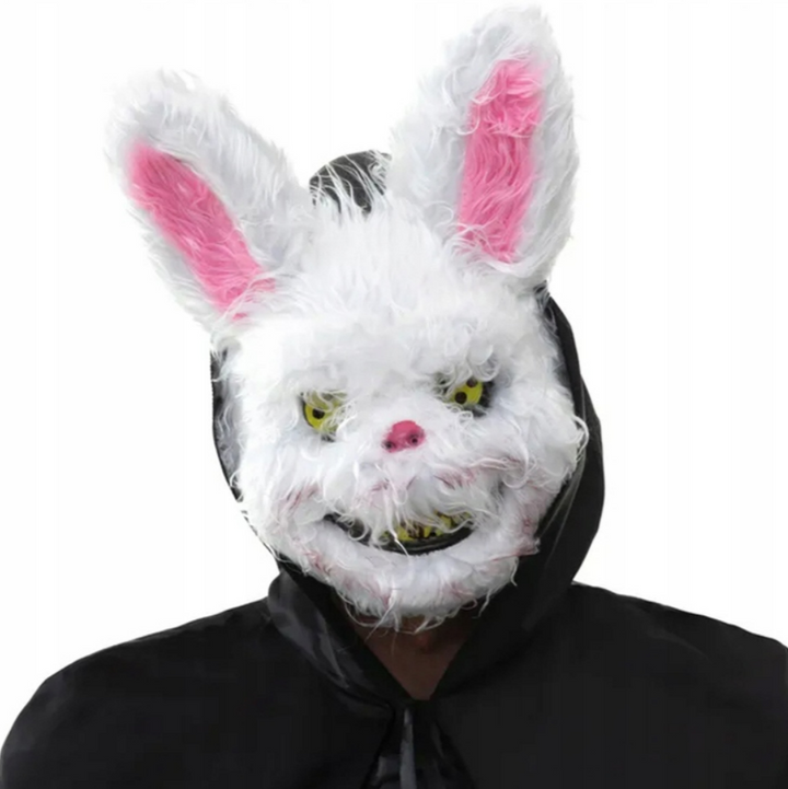 Masca de Halloween Killer Bloody Rabbit, Zola, creatura infricosatoare, tinuta psihopat, din plastic, 32x25x20 cm, alba