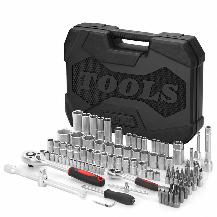 Trusa scule 108 piese, Zola, otel HSS, clichete 1/4" si 1/2", chei tubulare, E-Torx, biti, extensii, adaptoare, manere antiderapante, cutie depozitare