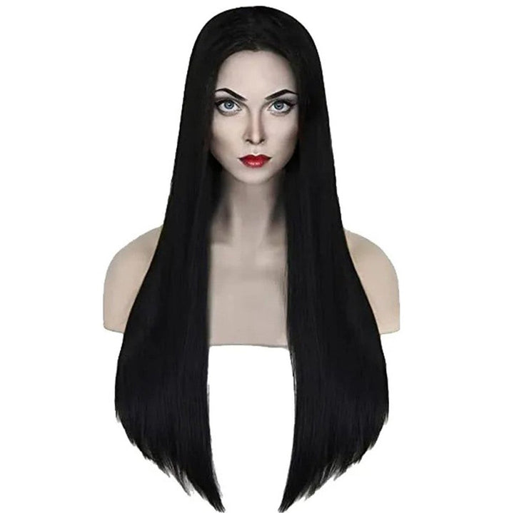 Peruca din par sintetic model Morticia Addams, Zola®, par lung, dimensiune universala, 80 cm, negru