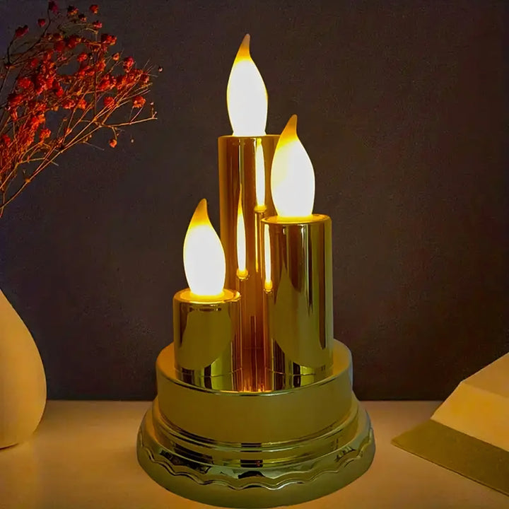 Decoratiune 3 lumanari LED flacara, Zola, candela, alimntare baterii, plastic, 8.6 x 14 cm, aurie