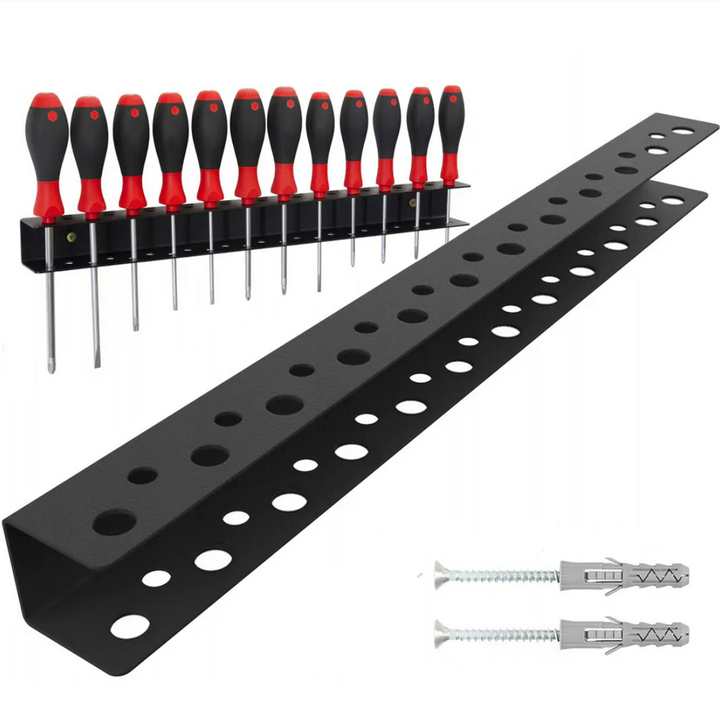 Suport multifunctional de perete pentru unelte, Zola, 23 spatii pentru organizare, accesorii montare incluse, otel, 50 cm, negru