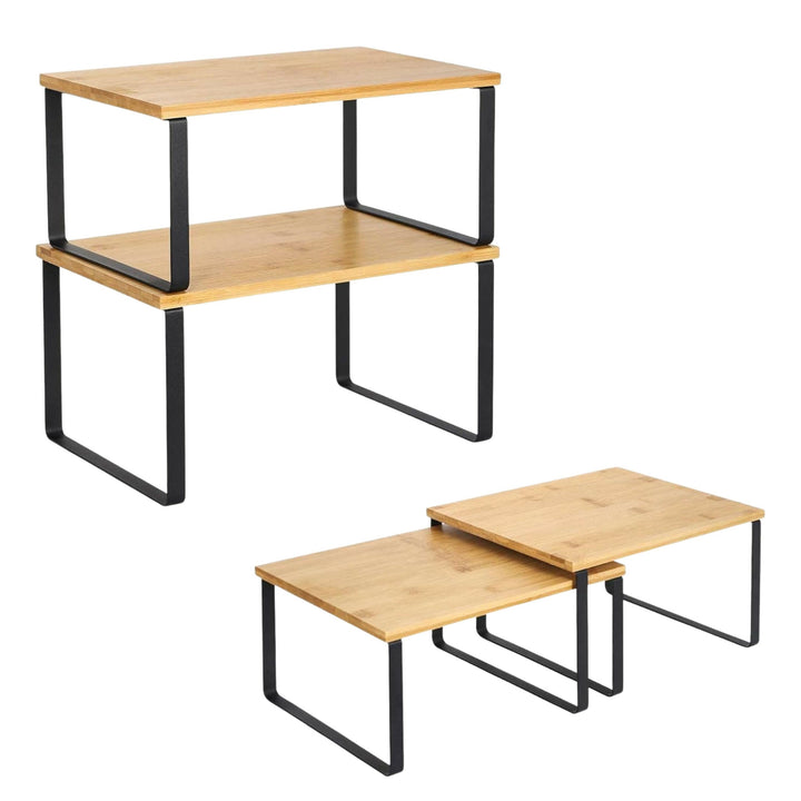 Set 2 rafturi organizatoare de bucatarie, Zola, greutate suportata 15 kg, metal / MDF, 29 x 19 x 15 / 30 x 20 x 16 cm, bej / negru