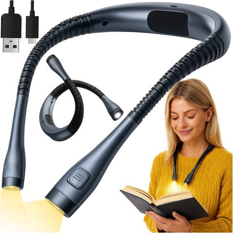 Lampa LED pentru lectura cu 2 surse de lumina, Zola, pozitionare pe gat, lumina calda/neutra/rece, 3 niveluri de intensitate, flexibila, cablu USB-C, 59 x 2.3 cm, gri/negru