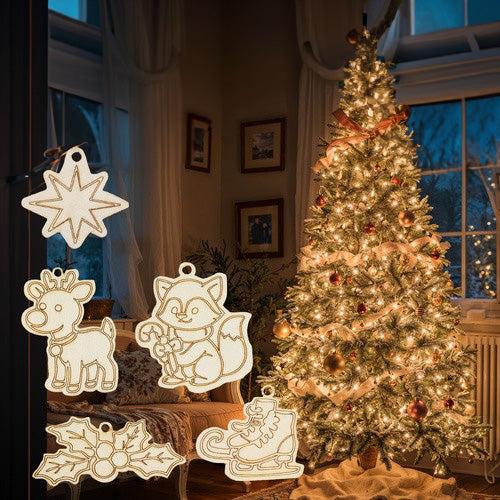 Set 24 globuri lemn pentru pictat, Zola, diferite modele, snururi incluse, 7 x 7 cm, bej