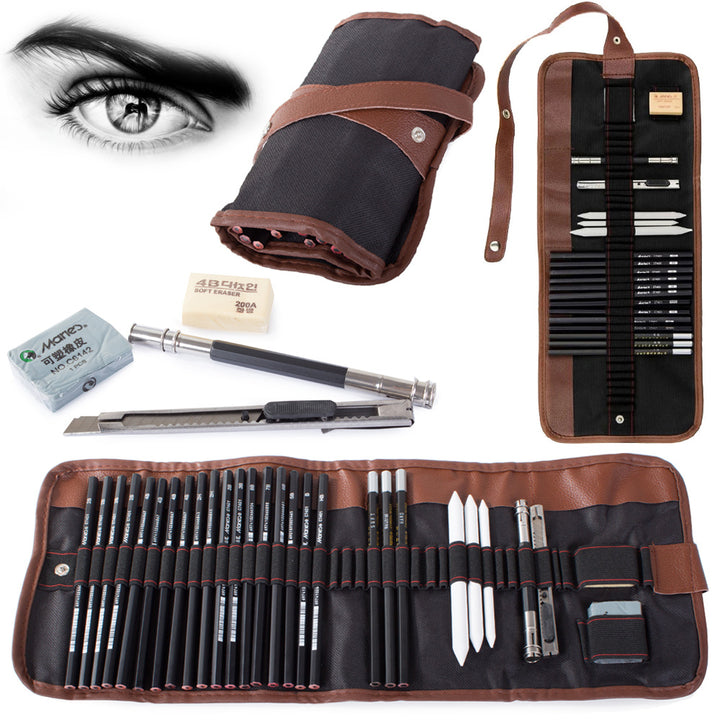 Set de instrumente pentru schite,  Zola®, din lemn, cu husa pentru depozitare neagra/maro, 29 articole