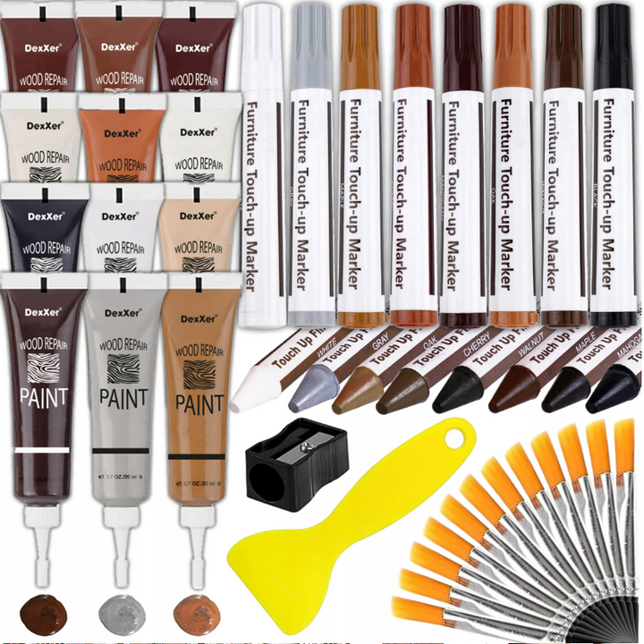 Set 42 piese pentru corectare si reparare zgarieturi mobila/parchet, Zola, 8 markere, 8 creioane, 12 vopsele, 12 pensule, spatula si ascutitoare, rezistenta la abraziune si spalare, pentru toate nuant