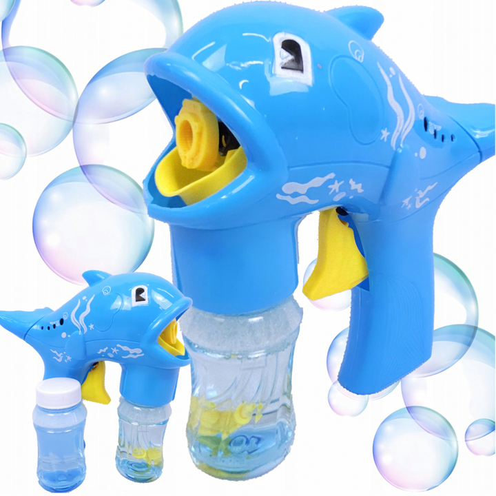 Pistol de facut baloane din sapun model delfin, Zola,  2 tuburi solutie inclusa, plastic, 17 x 16 cm, albastru