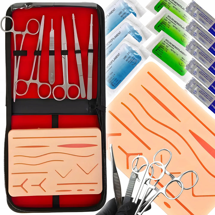 Kit complet pentru exersarea suturilor chirurgicale, Zola, mulaj de practica, 6 instrumente, 5 lame bisturiu, 6 fire chirurgicale cu ac, reutilizabil