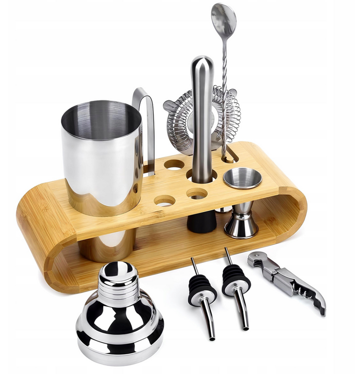 Set barman pentru cocktailuri, Zola, 10 piese, shaker si accesorii, otel inoxidabil, suport bambus, 27.5 x 10.5 x 7 cm