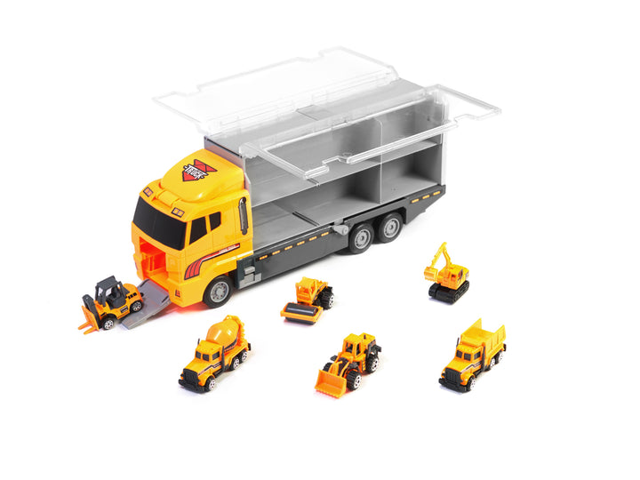 Camion de jucarie pentru copii, Zola®, din plastic, cu 6 vehicule incluse, galbene, 40x18x12 cm