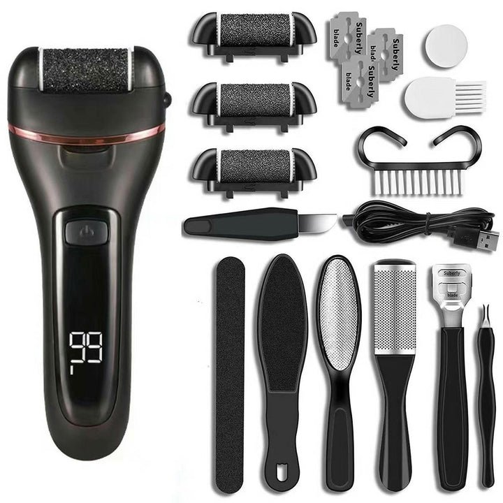 Pila electrica pentru talpi si calcaie, UBX, elimina excesul de epiderma, afisaj LCD, lumina LED, 3 role diferite, 3W, timp de lucru 90 min, 16x6.3 cm, negru