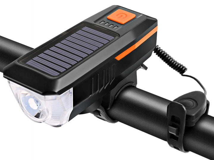 Set far pentru bicicleta solar, claxon si semnal sonor, UBX, LED, 3 moduri iluminare, USB, 6 melodii, 11x3.5x4 cm, negru/portocaliu