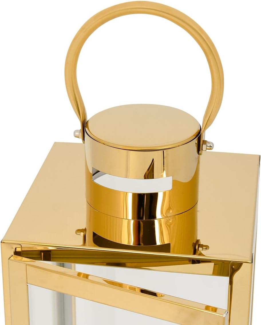 Set 3 felinare decorative din sticla, Zola,  dimensiuni diferite 63 / 49 / 38 cm, otel inoxidabil, aurii