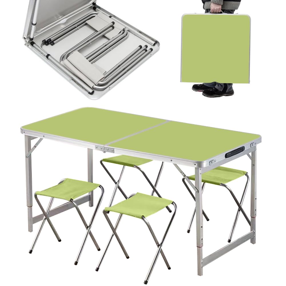 Set masa turistica pliabila si 4 scaune, Zola, pliere tip valiza, cadru aluminiu, picioare antiderapante, inaltime reglabila, dimenisuni 120 x 60 x 55/60/70/ 28 x 28 x 33 cm, greutate suportata 40/100 kg, verde