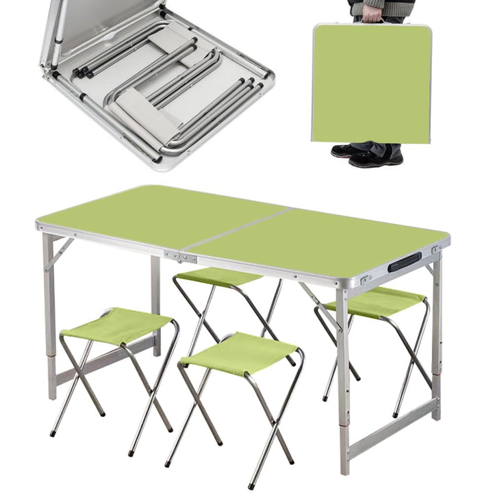 Set masa turistica pliabila si 4 scaune, Zola, pliere tip valiza, cadru aluminiu, picioare antiderapante, inaltime reglabila, dimenisuni 120 x 60 x 55/60/70/ 28 x 28 x 33 cm, greutate suportata 40/100 kg, verde