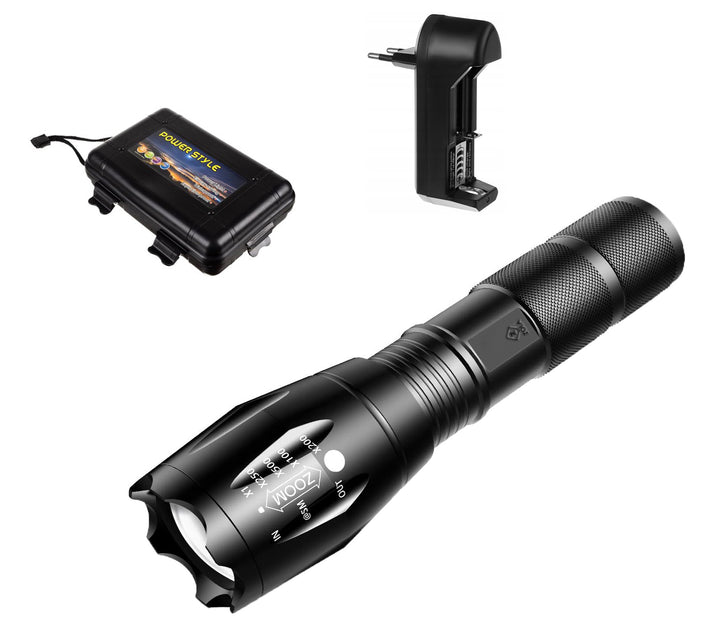 Set lanterna tactica 2 in 1 , Zola®, lumina alba si UV, incarcator pentu priza,  cartus acumulator, raza de actiune 200-300m, trusa depozitare