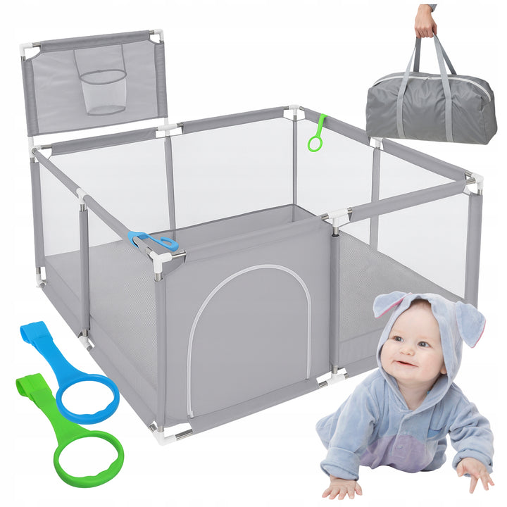 Tarc/loc de joaca pentru copii, Zola, material textil, include cos de baschet, 2 manere sustinere, geanta transport, 130 x 130 × 66 cm, gri