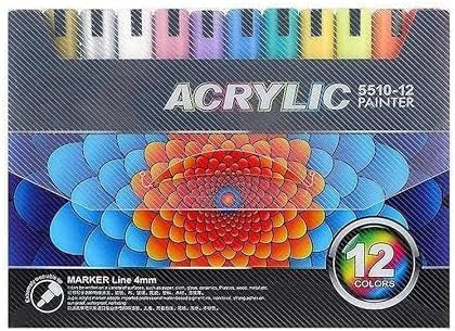 Set 12 de markere cu vopsea acrilica, Zola, varf 4 mm, rezistente la apa, pentru pictura pe hartie, panza, piatra, sticla, lemn, textile si ceramica, uscare rapida, multicolore