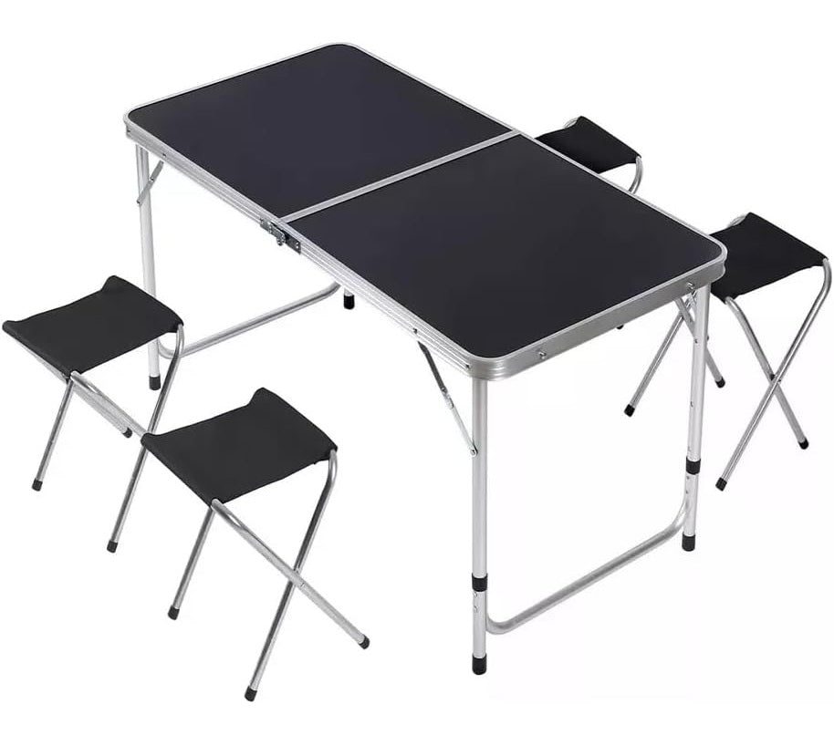Set masa turistica pliabila si 4 scaune , Zola, cu inaltime reglabila in 3 trepte, picioare antiderapante, cadru de aluminiu, pliere tip valiza, dimenisuni 120 x 60 x 55-60-70 cm, Dimensiuni scaun 33 x 28 x 33 cm, greutate maxim suportata 40/100 kg, negru