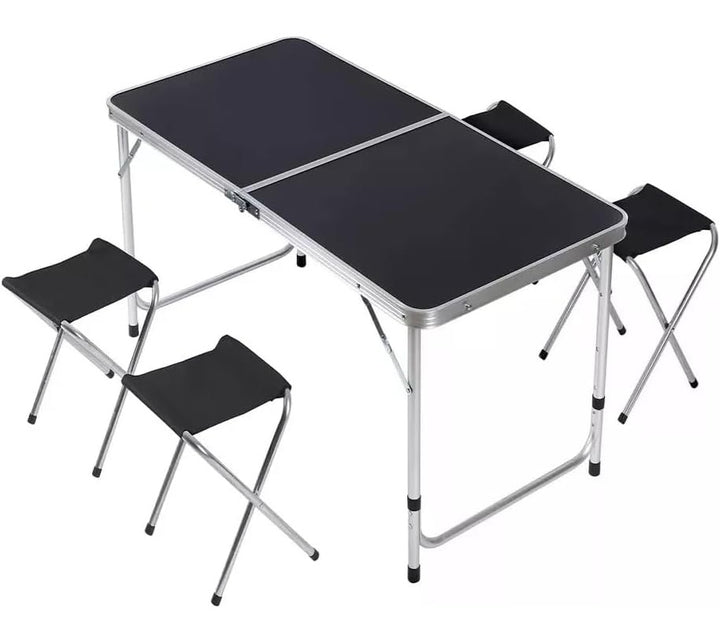 Set masa turistica pliabila si 4 scaune , Zola, cu inaltime reglabila in 3 trepte, picioare antiderapante, cadru de aluminiu, pliere tip valiza, dimenisuni 120 x 60 x 55-60-70 cm, Dimensiuni scaun 33 x 28 x 33 cm, greutate maxim suportata 40/100 kg, negru