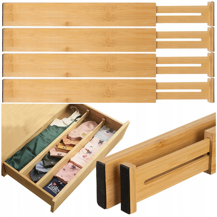 Set 4 organizatoare multifunctionale sertar, Zola, bambus, reglabile, spuma EVA pentru protectie, 42-56 x 6 x 1.5 cm