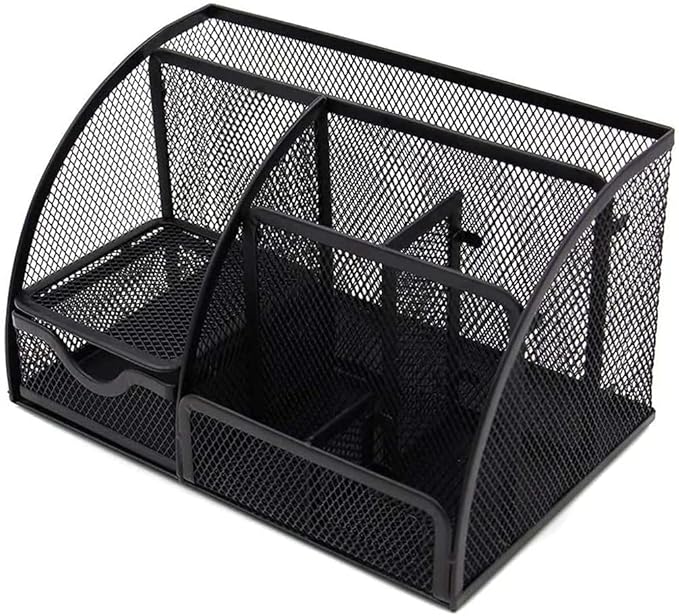 Organizator metalic pentru birou, Zola, 6 compartimente, plasa neagra, versatil, 12.5x14x22 cm
