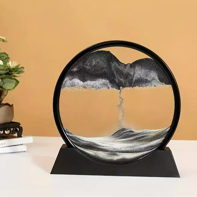 Decoratiune 3D de masa, Zola®, cu nisip in miscare,  tip clepsidra, plastic si sticla,  18x9 cm, negru