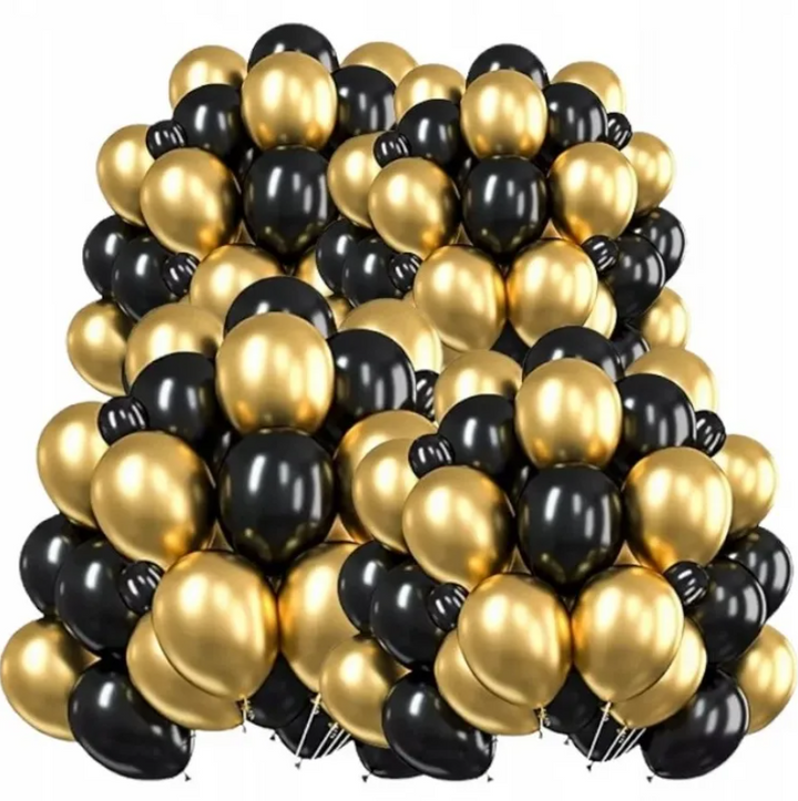 Set 102 baloane metalizate, Zola, aurii si negre, diametru 27 cm, din latex, compatibile aer si heliu