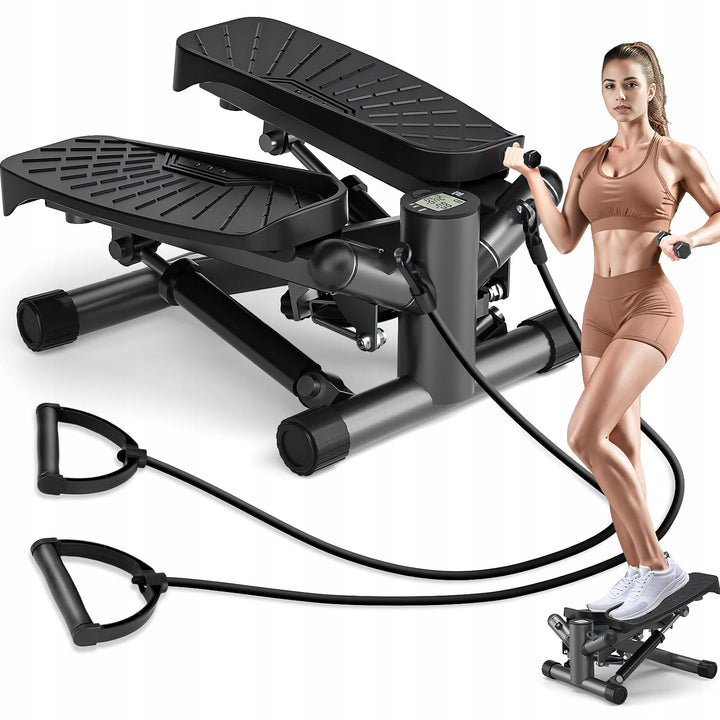 Stepper cu corzi 2in1, Zola, afisaj LCD, timp antrenament, numar repetari, calorii arse, greutate suportata 100 kg, lungime corzi 95 cm, 30 x 40 x 20 cm, negru