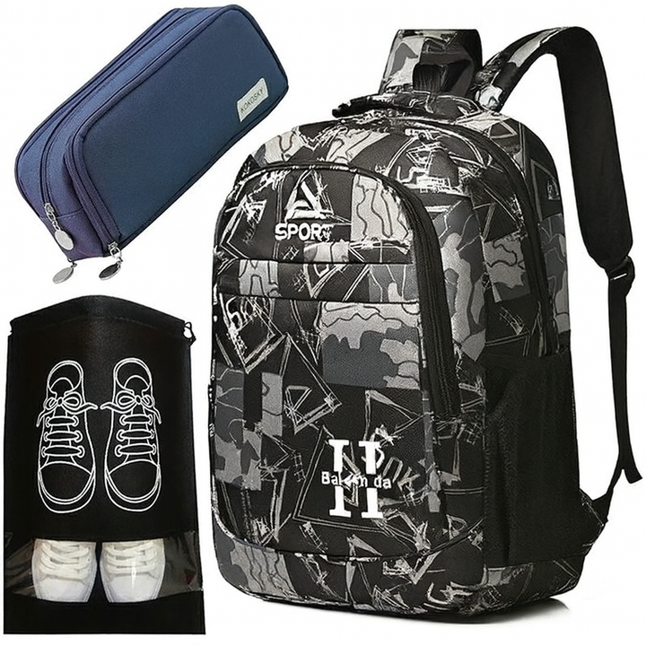 Set ghiozdan scolar, penar si sac pentru incaltaminte, Zola, 31 x 16 x 46 cm, 3 compartimente, material oxford, grafic