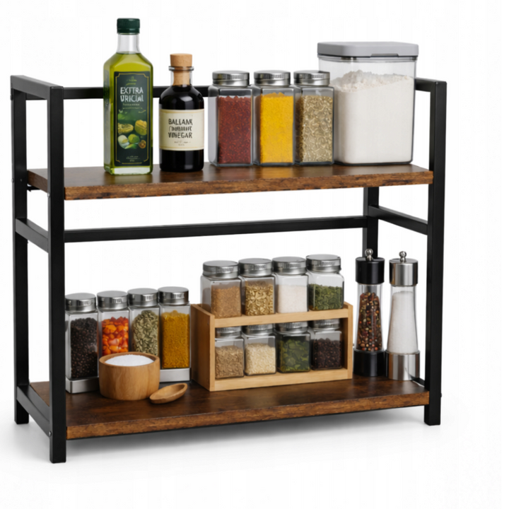 Raft organizator de bucatarie, Zola, 2 niveluri, MDF / aluminiu, 19 x 42 x 43 cm, maro rustic / negru