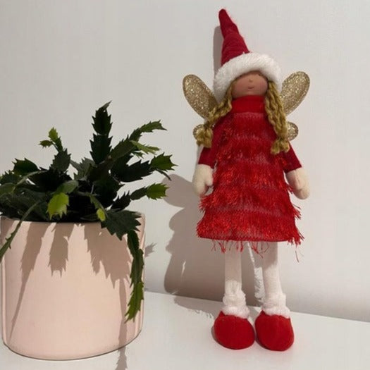 Figurina decorativa pentru Craciun, Zola®, Zana rosie cu aripi aurii,  40 x 14 x 9 cm