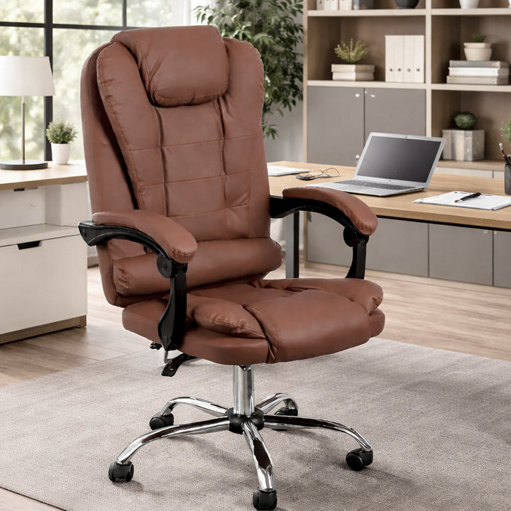 Scaun ergonomic, Zola, inaltime reglabila, 110-112 x 65 cm, roti pivotante, perna lombara, piele ecologica, maro/negru